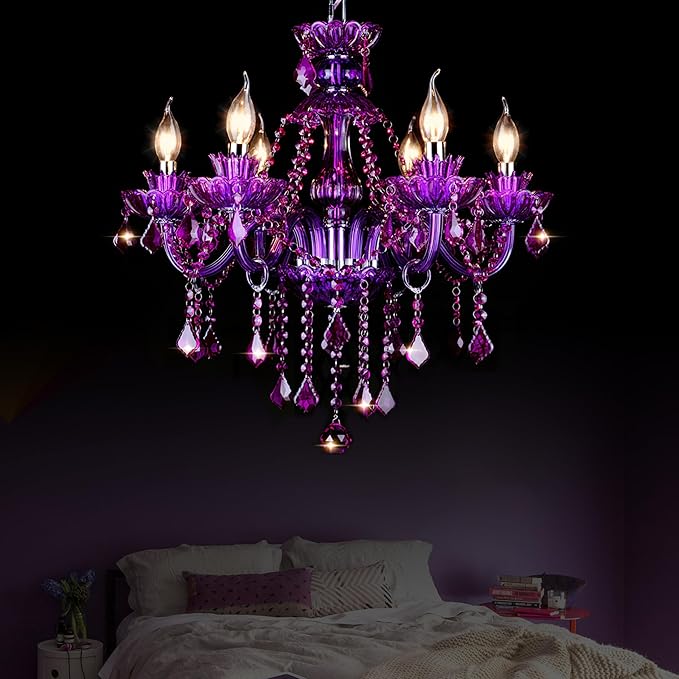 Bagood Purple 6 Lights K9 Crystal Candle Chandeliers Lighting Candle Chandelier Lighting Modern Pendant Lights Crystal Modern Chandelier for Dining Living Room Bedroom E12 Base, H22 x W23.6 Inch