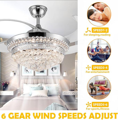 42" Invisible Ceiling Fan Chandelier with Light,Modern Crystal Ceiling Fan Light Remote Control 4 Retractable ABS Blades for Bedroom Living Dining Room Decoration (Silver)