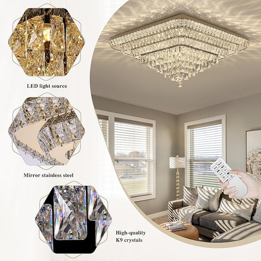 COCOSTAR Crystal Chandeliers, Modern Led Luxury Chandelier, 43" Suqare Flush Mount Chandelier Ceiling Light, Raindrop Chandeliers for Dining Room, Living Room, Bedroom, Gold