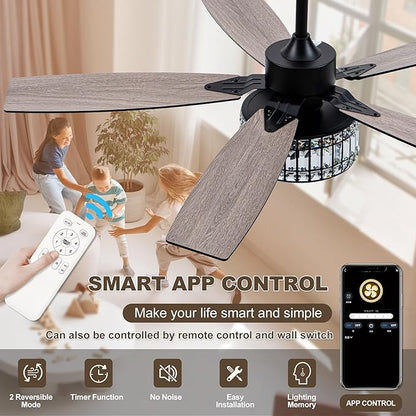 Chandelier Ceiling Fans with Lights and Remote,Caged Ceiling Fan with Light,App 5 Blades E26 Fandelier Ceiling Fans with Lights,Crystal Ceiling Fan for Bedroom,Living Room. (Black, 60 Inch)