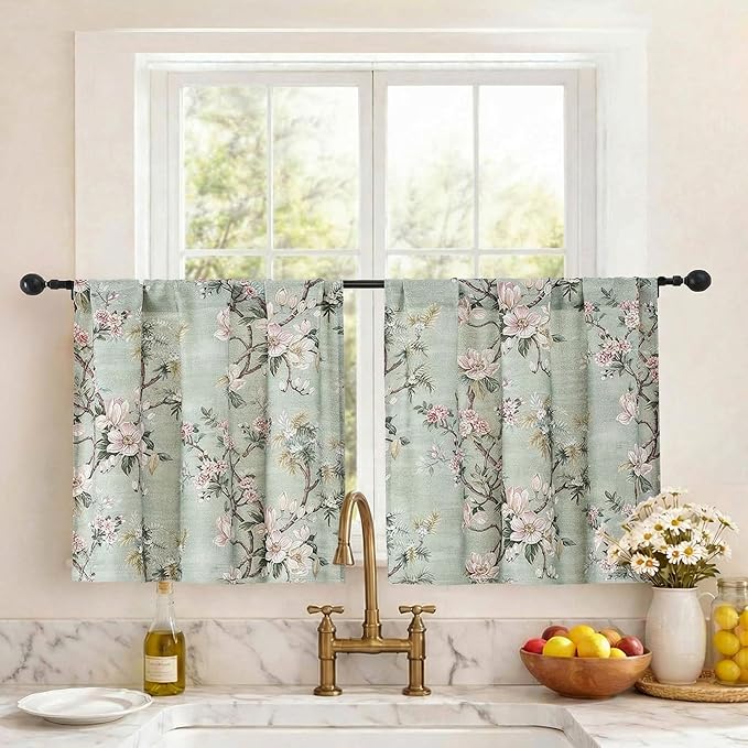 Simplebrand Light Green Floral Linen Textured Tier Kitchen Curtains 24 Inch 2 Panels, Light Filtering Privacy Cafe Small Window Curtains for Bathroom RV Camper, Soft Rod Pocket Panels, 30" W x 24" L