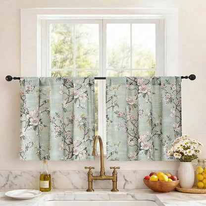 Simplebrand Light Green Floral Linen Textured Tier Kitchen Curtains 24 Inch 2 Panels, Light Filtering Privacy Cafe Small Window Curtains for Bathroom RV Camper, Soft Rod Pocket Panels, 30" W x 24" L