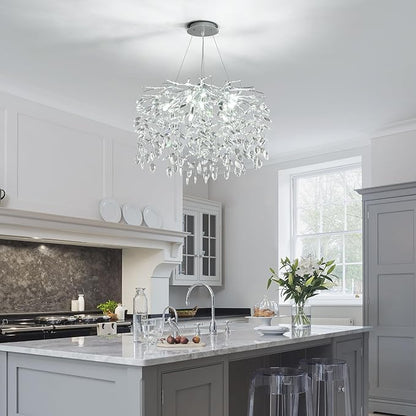 Modern Silver Crystal Tree Branch Chandelier, Art Deco Raindrop Lighting Fixture for Dining Room Living Room 9 Lights D23.7''
