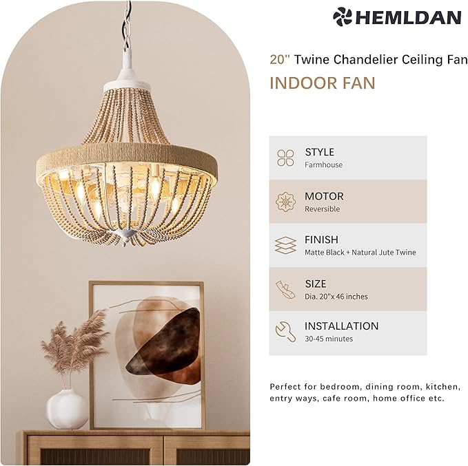 Vintage Bohemian Empire Chandelier Fan with 64 Wood Bead Strands, 7-Blade Invisible Fan, Antique White Gold Finish Ceiling Fan for Living Room, Bedroom(White Gold, 20'' Boho Style)