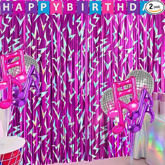 Tudomro 2 Pack Kpop Birthday Party Decoration Pink Purple Lightning Streamers Backdrop Blue with Purple Lightning Print Foil Fringe Tinsel Curtains for Photo Prop Themed Party Supplies