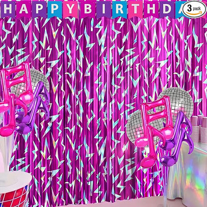 Tudomro 3 Pack Kpop Birthday Party Decoration Pink Purple Lightning Streamers Backdrop Blue with Purple Lightning Print Foil Fringe Tinsel Curtains for Photo Prop Themed Party Supplies