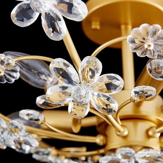 6-Light Large Modern K9 Crystal Chandeliers, Chic Flushmount Close to Ceiling Light Fixture for Bedroom, Dining Room, Kitchen, D23xH10inch, Clear Crystal & Gold Finish Frame