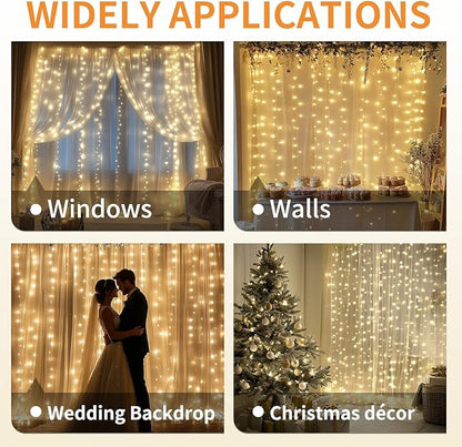 Fairy Curtain Lights, 300 LED Upgraded Tangle-Free Hanging Lights with Remote, USB Plug in String Lights for Bedroom Wall Window Wedding Party Xmas Home Décor - 9.8 x 9.8 Ft, Warm White