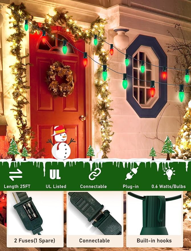 25Ft C9 LED Christmas Lights Outdoor, C9 Red and Green Christmas String Lights with 26 LED Shatterproof Bulb, Hanging Vintage Christmas Lights for Patio Xmas Tree Roofline Wedding Party Backyard Decor