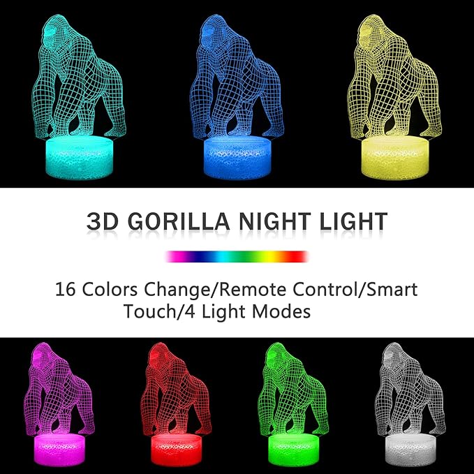 BASSI 3D Gorilla Lamp for Kids, 16 Colors Changing Remote Control 3D Night Light Gorilla Toy - Birthday Christmas Gifts for Boys Girls Age 2 3 4 5 6 7 8 9 Teenages