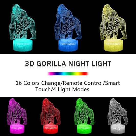 BASSI 3D Gorilla Lamp for Kids, 16 Colors Changing Remote Control 3D Night Light Gorilla Toy - Birthday Christmas Gifts for Boys Girls Age 2 3 4 5 6 7 8 9 Teenages