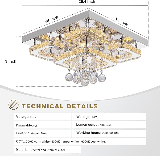 18 inch Flush Mount Chandelier Crystal Ceiling Light with Remote Control/APP,3CCT Dimmable&Brightness Adjustable, Modern Crystal Raindrop Silver Chandeliers for Bedroom Hallway Dinning Room LivingRoom