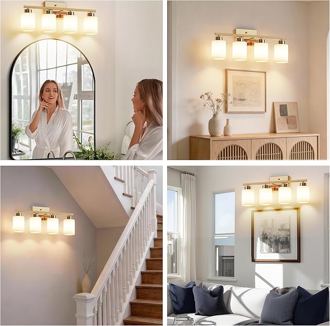 PARTPHONER 4-Light Brushed Gold Bathroom Light Fixtures, Modern Vanity Light Over Mirror Lighting, Wall Sconce with Frosted Milky White Glass Shades for Bedroom Living Room Kitchen Hallway