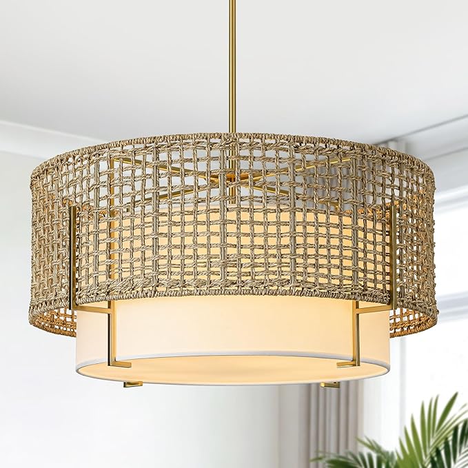 25.6" Large Rattan Chandelier, 6-Light Boho Rustic Pendant Light with Fabric Shade, Hand Woven Wicker Hanging Ceiling Light Fixture for Dining Room, Living Room, Kitchen Island, Bedroom, Foyer