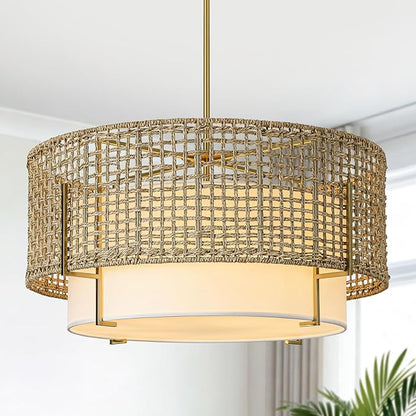 25.6" Large Rattan Chandelier, 6-Light Boho Rustic Pendant Light with Fabric Shade, Hand Woven Wicker Hanging Ceiling Light Fixture for Dining Room, Living Room, Kitchen Island, Bedroom, Foyer