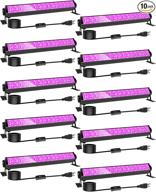 10 Pack LED Black Light Bar, Blacklight Flood Light with Plug & Switch & Power Cord, Each Light Up 24x24ft Area, for Glow Fluorescent Party Bedroom Game Room Body Paint Stage
