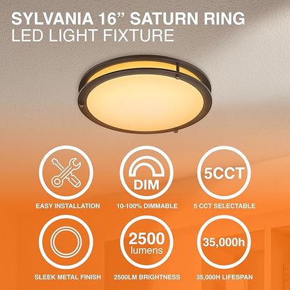Sylvania 16" Saturn Ring LED Light Fixture,35W, 5 Temperature Select (2700/3000 / 3500/4000 / 5000K), Dimmable, 2500 LMS, Black, for Family Rooms/Hallways/Kitchens/Bedrooms - 1 Pack (67230)