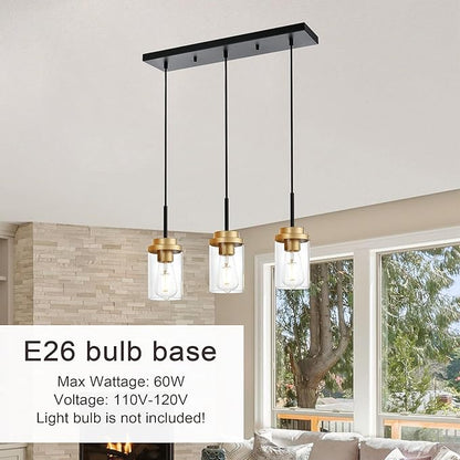 MELUCEE 20.5 Inches Dining Room Light Fixture Hanging 3-Lights Kitchen Pendant Light Fixture Over Island Black Ceiling Hanging Lamp with Clear Glass Shade, Gold Socket