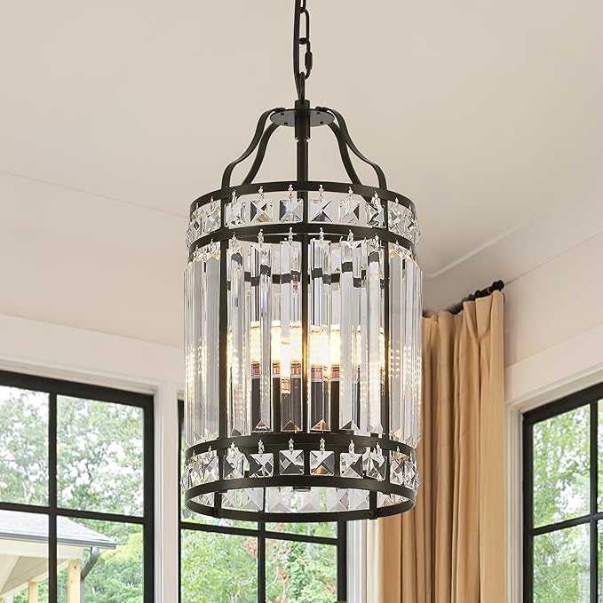 Modern Black Pendant Island Light Fixtures for Kitchen, Luxury Elegant Crystal Small 4-Light Chandeliers for Dining Room, Industrial Cage Hanging Ceiling Lighting for Bedroom Foyer Hallway