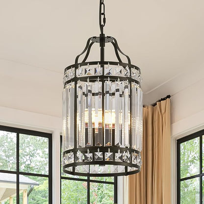 Modern Black Pendant Island Light Fixtures for Kitchen, Luxury Elegant Crystal Small 4-Light Chandeliers for Dining Room, Industrial Cage Hanging Ceiling Lighting for Bedroom Foyer Hallway