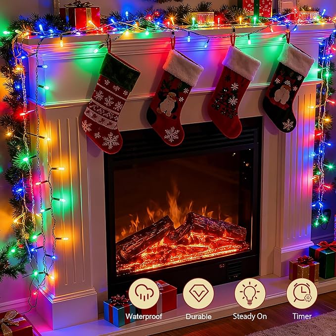 cshare Christmas String Lights Outdoor Waterproof 9.8ft 30 LED, Muliticolor Fairy Lights Battery Operated with Timer Clear Wire for Indoor & Outdoor Christmas Decorations Garland Party Garden 2 Packs