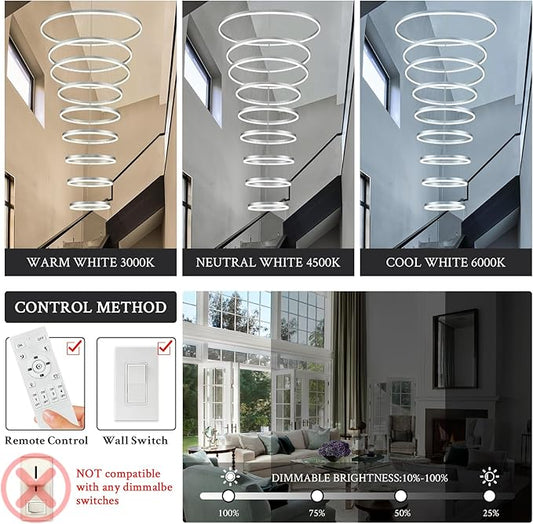 9-Rings D39.4’’ Modern LED Chandelier Silver Dimmable High Ceiling Foyer Chandeliers Entryway with Remote Control for Staircase Entryway Living Room Foyer, 3000K-6500K