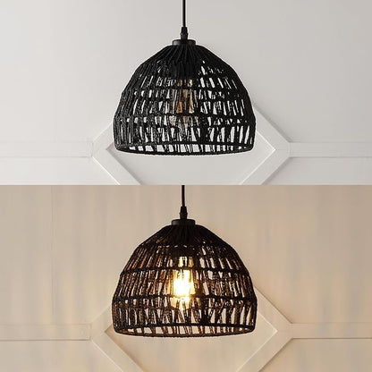 JONATHAN Y 10.25" Black Modern Bohemian Woven Rope LED Pendant Light Fixture, Adjustable Dome Ceiling Lamp for Kitchen Island, Rope Shade, Coastal Farmhouse Decor (JYL6513B)