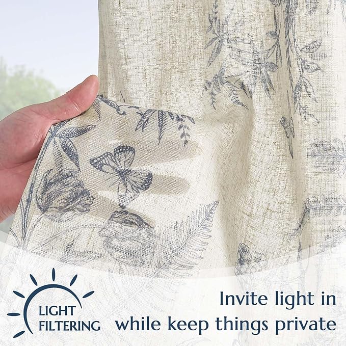 jinchan Half Window Curtains Small Drapes for Kitchen 36 Inch Rustic Floral Tier Curtains Farmhouse Butterfly Cafe Small Window Treatment for Dining Room Bathroom 2 Panels Blue on Beige