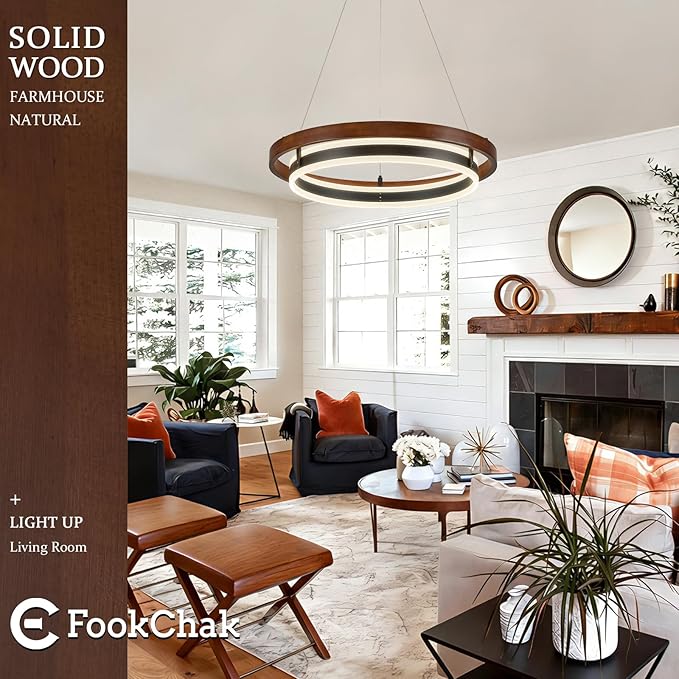 LED Ring Chandelier 24in Solid Walnut Wood Chandeliers Dimmable Black Chandeliers Modern Round Chandelier Light for Living Room Dining Room Kitchen Island Bedroom Entry