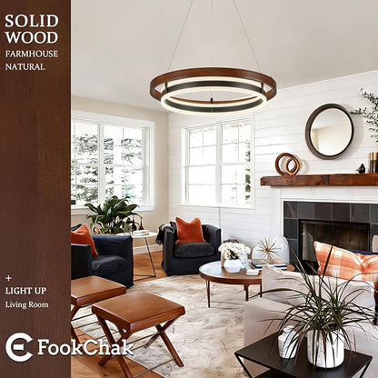 LED Ring Chandelier 24in Solid Walnut Wood Chandeliers Dimmable Black Chandeliers Modern Round Chandelier Light for Living Room Dining Room Kitchen Island Bedroom Entry