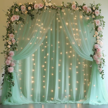 Fomcet Tulle Curtains with Lights String Green 10FT X 8FT Sheer Backdrop Curtains for Parties Wedding Baby Shower Photo Shoot Decorations (2 Panels 5x8FT)