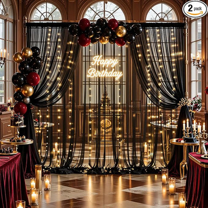 10×12ft Black Sheer Backdrop Curtains with Lights String for Parties Birthday Black Tulle Backdrop Curtain for Baby Shower Wedding Graduation Halloween Party Photo Shoot Decorations 2 Panels 5×12ft