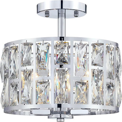 MEXO Farmhouse Crystal Round Semi Flush Mount Modern Close to Ceiling Light Fixture, Cylinder Drum Shade Ceiling Lights 3LT Ceiling Lamp for Kitchen Island Dinning Room Bedroom