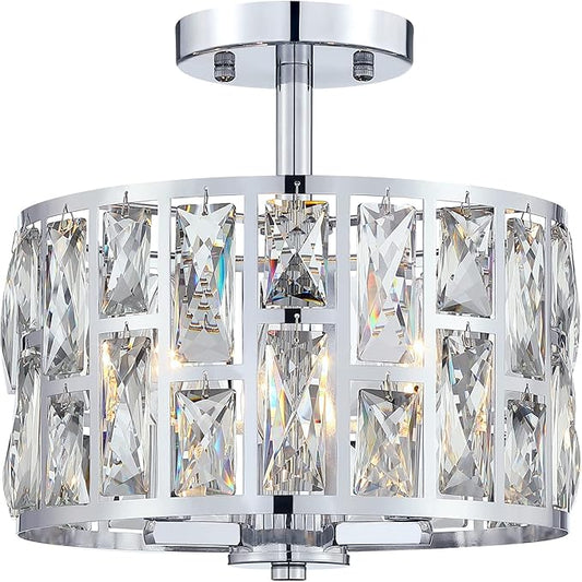 MEXO Farmhouse Crystal Round Semi Flush Mount Modern Close to Ceiling Light Fixture, Cylinder Drum Shade Ceiling Lights 3LT Ceiling Lamp for Kitchen Island Dinning Room Bedroom