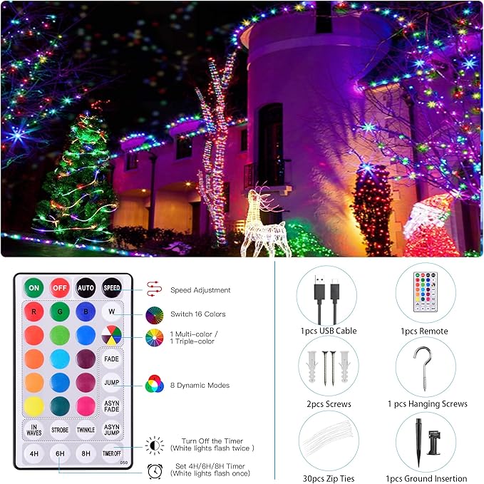 Solar Rope Lights Outdoor Waterproof, 66Ft 200 LED String Light Fairy Solar Powered & USB with Remote, 18 Colors Changing Fairy Lighting for Outside Indoor Trampoline Patio Christmas Decor