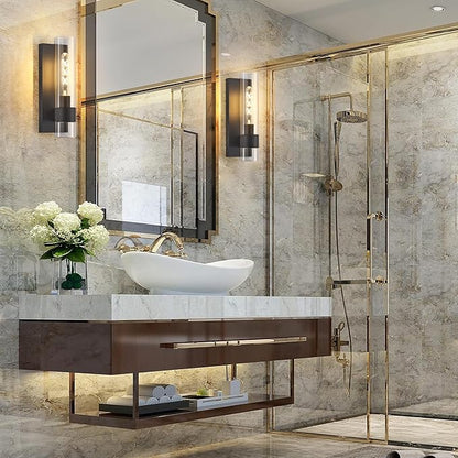 Black Wall Sconces Set of 2, Modern Bathroom Sconces Wall Lighting Vanity Light Fixtures with Clear Glass, Bathroom Sconces Set of 2, Indoor Wall Sconce for Bathroom Living Room Bedroom