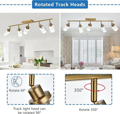 MELUCEE 5-Light Track Lighting Kit Brass Semi Flush Mount Ceiling Light Fixture with 5 Rotatable Light Heads, 37 Inch Modern Accent Lighting for Foyer Art Wall Kitchen, Clear Glass Shade