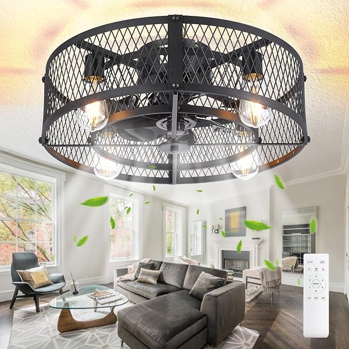 Depuley Caged Ceiling Fan with Light: 20" Flush Mount Ceiling Fans with Remote - Farmhouse Black Fandelier - Industrial Ceiling Fan Light Fixture for Small Low Indoor Bedroon Kitchen Dining Room