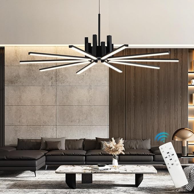 Black Modern Sputnik Chandelier with Remote Control, 56W 3-Color Temperature Dimmable LED Chandelier for Dining Room, Hanging Adjustable Pendant Light for Living Room Kitchen Foyer Entryway