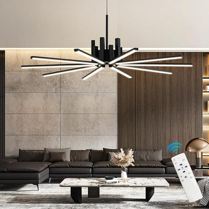 Black Modern Sputnik Chandelier with Remote Control, 56W 3-Color Temperature Dimmable LED Chandelier for Dining Room, Hanging Adjustable Pendant Light for Living Room Kitchen Foyer Entryway