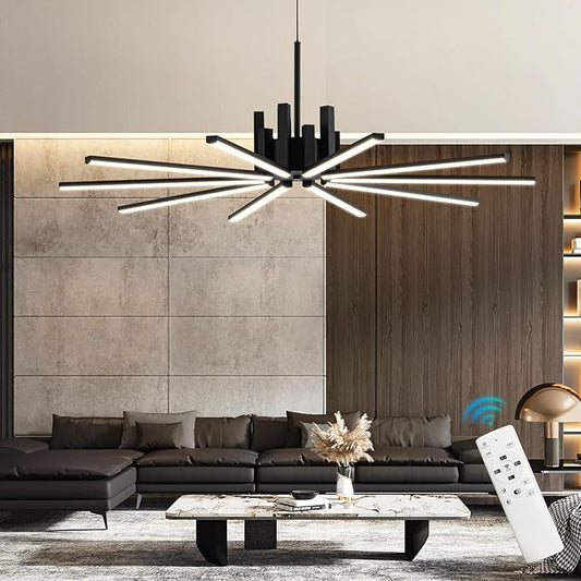 Black Modern Sputnik Chandelier with Remote Control, 56W 3-Color Temperature Dimmable LED Chandelier for Dining Room, Hanging Adjustable Pendant Light for Living Room Kitchen Foyer Entryway
