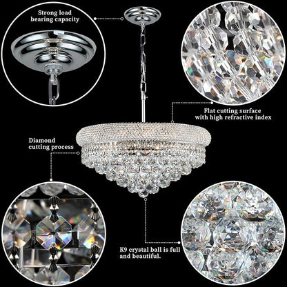 Crystal Chandeliers for Dining Room Light Fixtures Over Table, Empire Style k9 Crystal Chandelier for Bedroom, 9 Lights Chrome Luxury Lighting Fixtures for Living Room Kitchen lsland Entryway D22 Inch