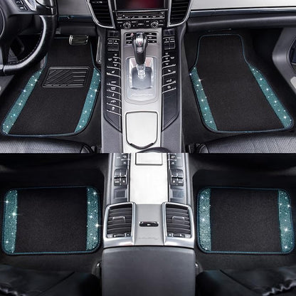 CAR PASS Bling Rhinestones Diamond Waterproof Car Floor Mat, Crystal Sparkly Shining Glitter Carpet, Anti-Slip PVC Heel Pad Universal for Interior Auto SUV,Sedan,Van,4pcs Girly Women Mint Teal Diamond