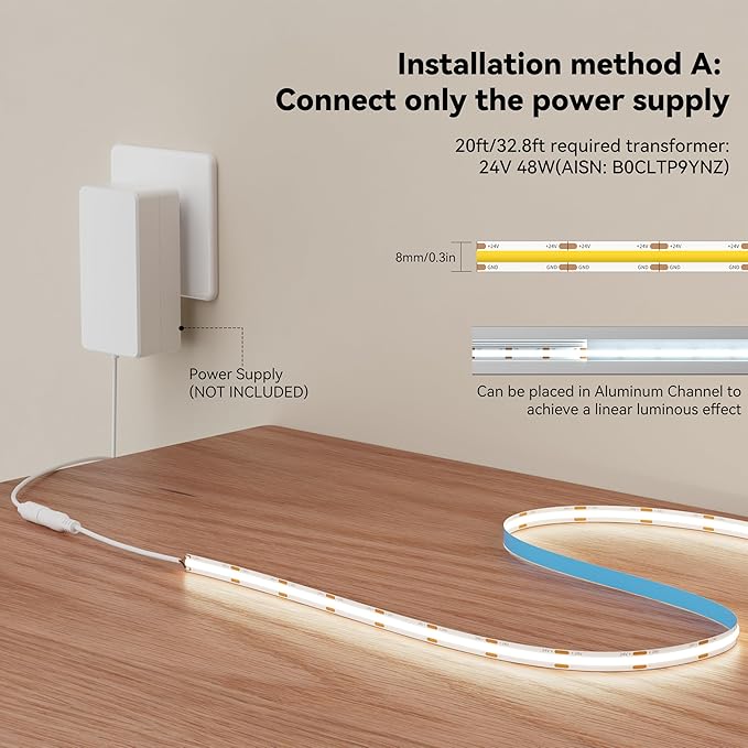 MIWISE COB LED Strip 20ft/6.1m,CRI 90+ Natural White 4000K High Lumen Super Bright Flexible DC24V LED Tape Light,for Cabinet Home Office DIY Lighting Projects(Adapter&Controller NOT Included)