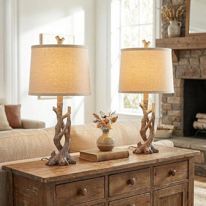 OYEARS 23" Rustic Farmhouse Table Lamp Country Cottage Lamps for Nightstand Tree Trunk Wood Grain Lamp for Bedroom Living Room with Oatmeal Fabric Round Shade Resin Bedside Lamp
