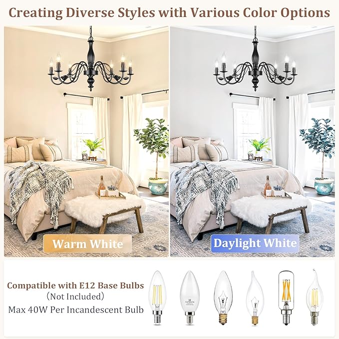 29" Black Chandelier for Dining Room, Modern Farmhouse 6-Light Light Fixture Hanging, Industrial Kitchen Lighting Fixtures with Leaf, Vintage Chandeliers Over Table for Bedroom Foyer Living Room