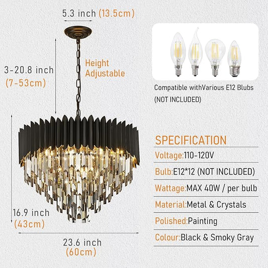 Black Crystal Chandelier 24'' K9 Smoke Gray Crystal Round Pendant Lights Adjustable 5-Tier Modern Chandelier Light 10-Lights for Dining Room Living Room Kitchen Foyer Entryway