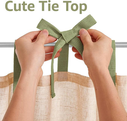 jinchan Linen Tie Top Curtains 24 Inch Length Farmhouse Cafe Curtains Set of 2 for Bedroom Bathroom Rustic Small Windows Light Filtering Crude Panels with Sage Green Ties