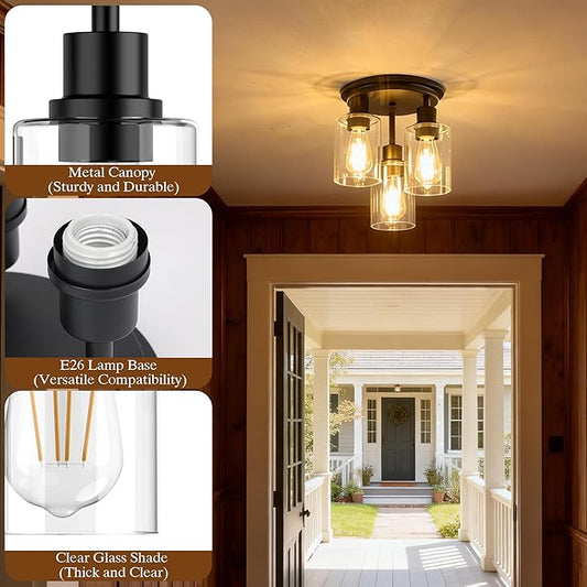 ROTTOGOON Semi Flush Mount Ceiling Light, Close to Ceiling Lights Fixtures, 3 Light Kitchen Ceiling Lights Fixtures with Glass Shades, Hallway Light Fixtures Ceiling Mount for Foyer, 9.9" x 13", Black