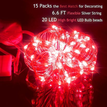 SmilingTown 15 Packs 20 Led Red Fairy Lights Battery Operated 6.6ft Silver String Lights Waterproof Firefly Starry Light for Bedroom Dorm DIY Table Centerpieces Halloween Christmas Party Decor